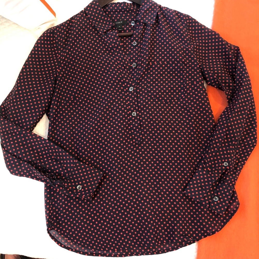 J Crew The Perfect Shirt Navy Red LS Popover Polka Dot Cotton Silk